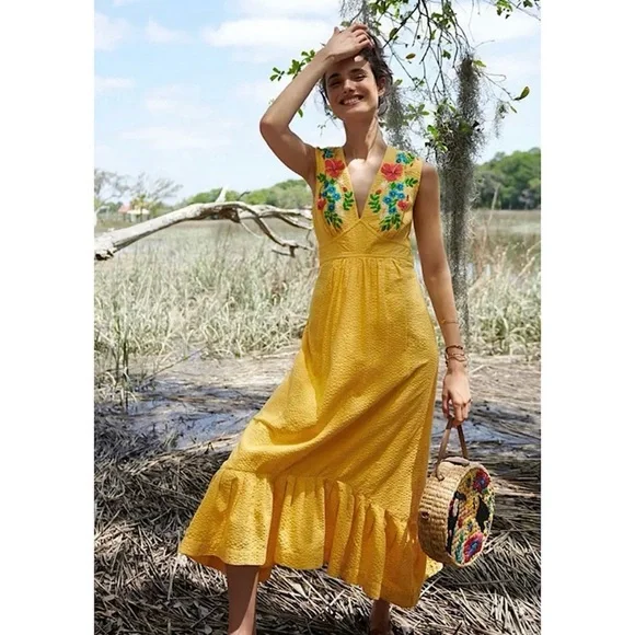anthropologie yellow long dress Anthropologie Mustard Maxi Dress Anthropologie Yellow Ruched Maxi Dress For  Wedding Guest Size XL